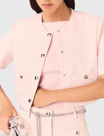 MJ Pink Tweed Cropped Short Sleeve Jacket Top | Shorts | Trouser Pant | Set