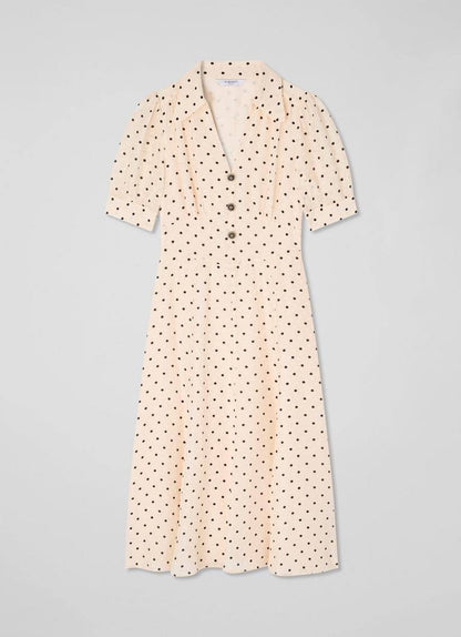 LKB Sophie Cream Viscose-Blend 30'S Polka Dot Midi Dress