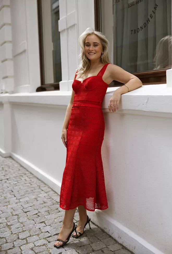 SP Red Lattice Bustier Lace Midi Dress