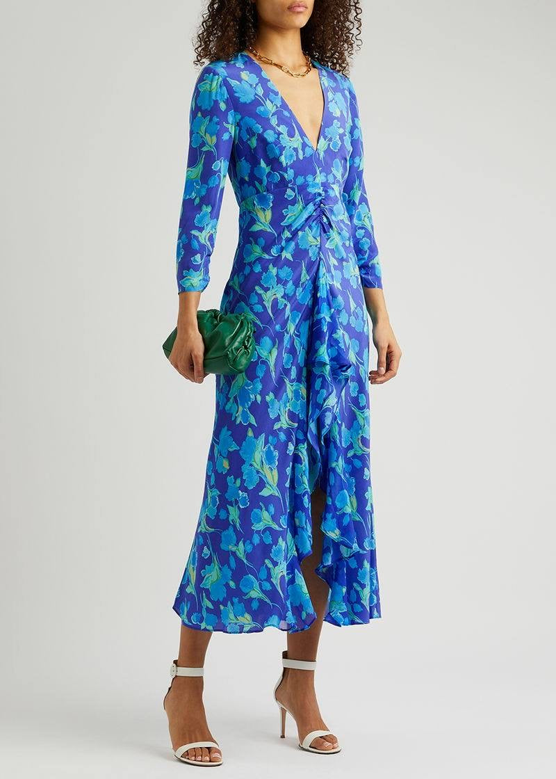 RX Rose Floral Print Silk Midi Dress