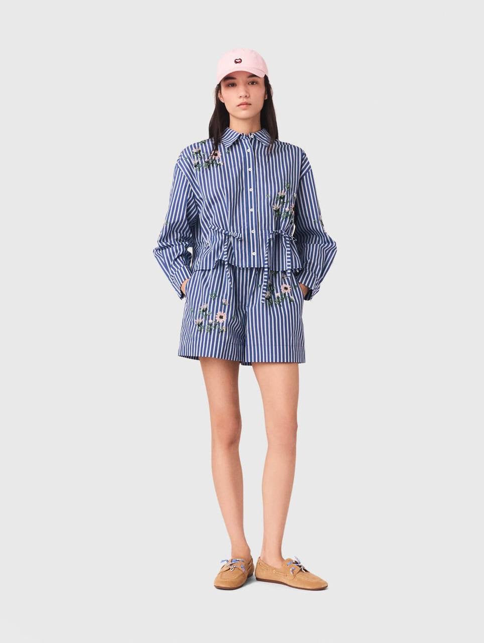 MJ Embroidered Bead Sequin Stripe Shirt | Shorts | Cotton-blend Set