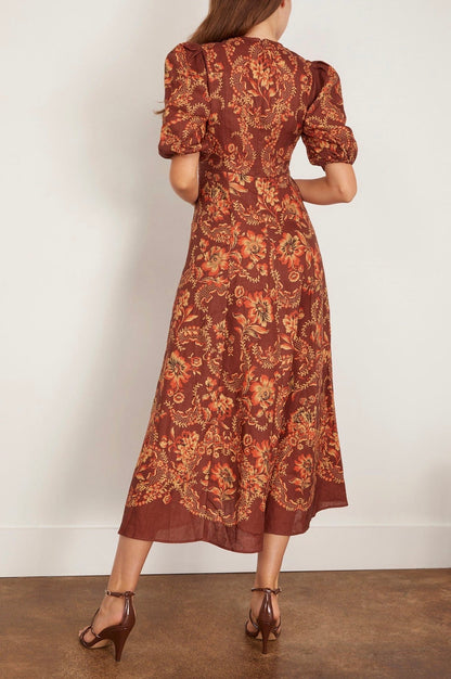ALM Seraphina Printed Puff Sleeve Linen Midi Dress