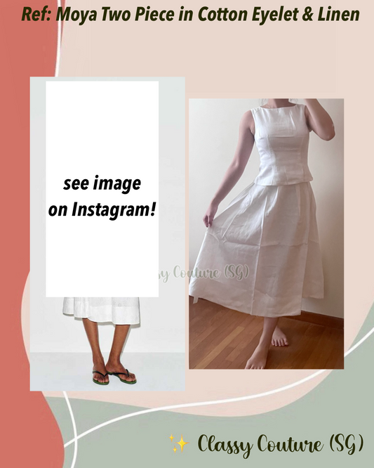 Ref Moya Two Piece in White Cotton Eyelet & Linen | Peplum Top | Midi Skirt | Set