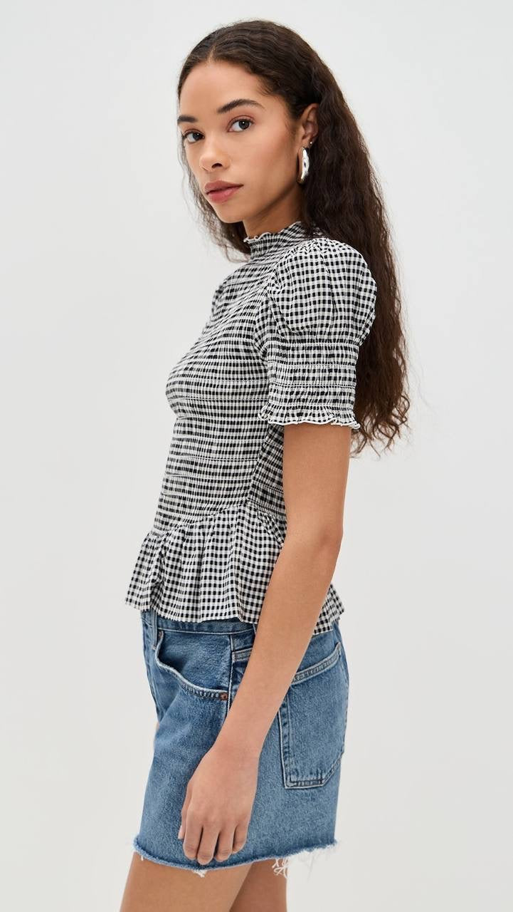 Ref Aggie Puff-Sleeve Smocked Peplum Top