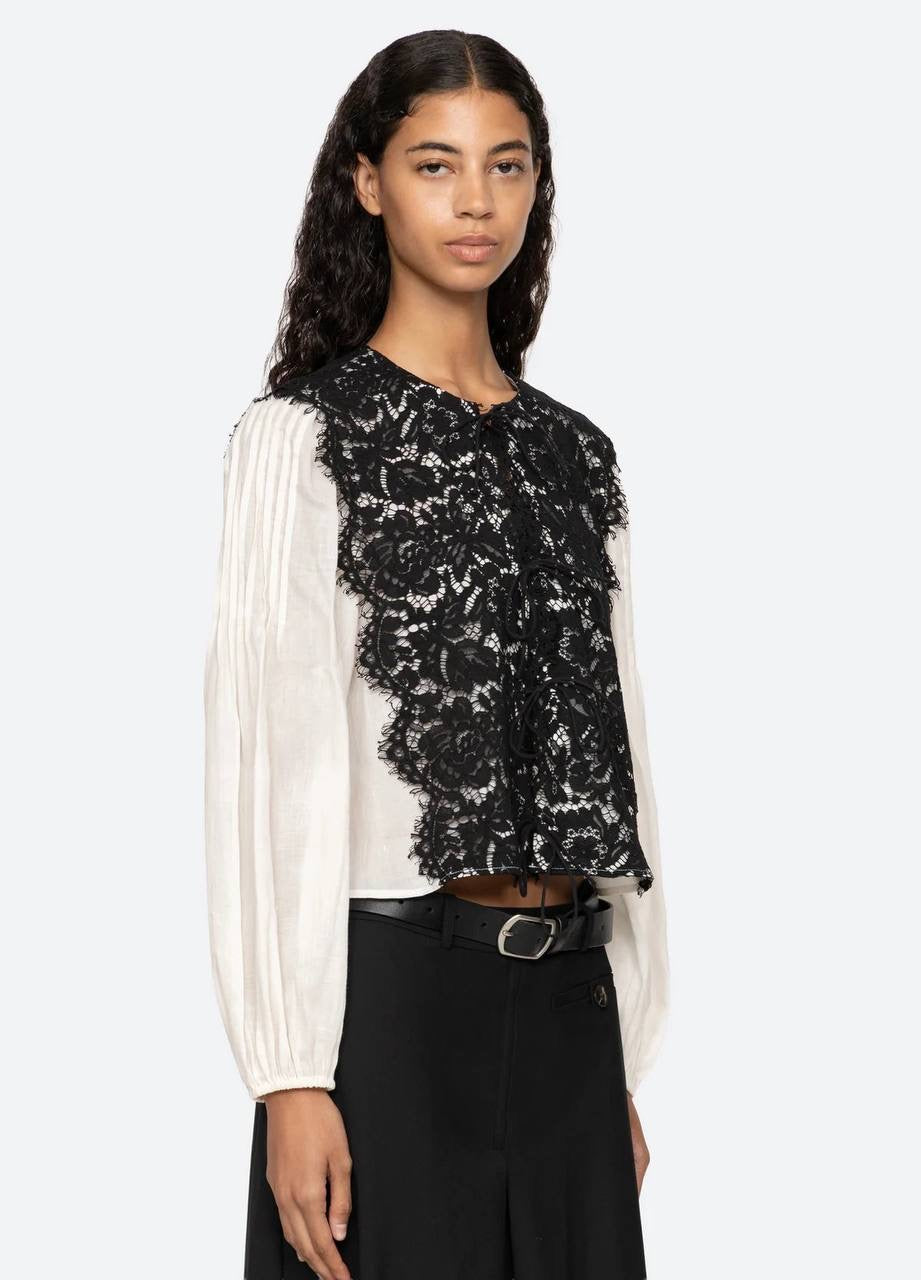 SE Norabelle Ramie Long Sleeve Top with Cotton Lace Overlay
