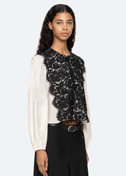 SE Norabelle Ramie Long Sleeve Top with Cotton Lace Overlay