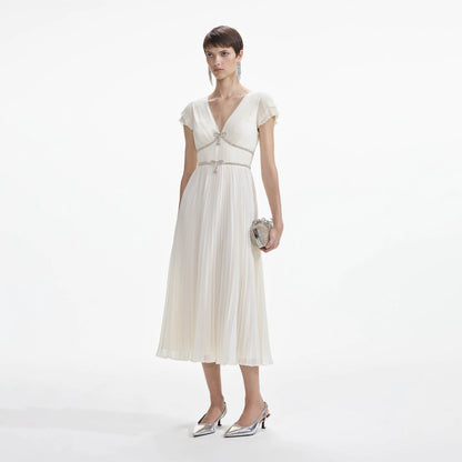 SP Cream Chiffon Pleated Midi Dress with Diamante Bow Ribbon