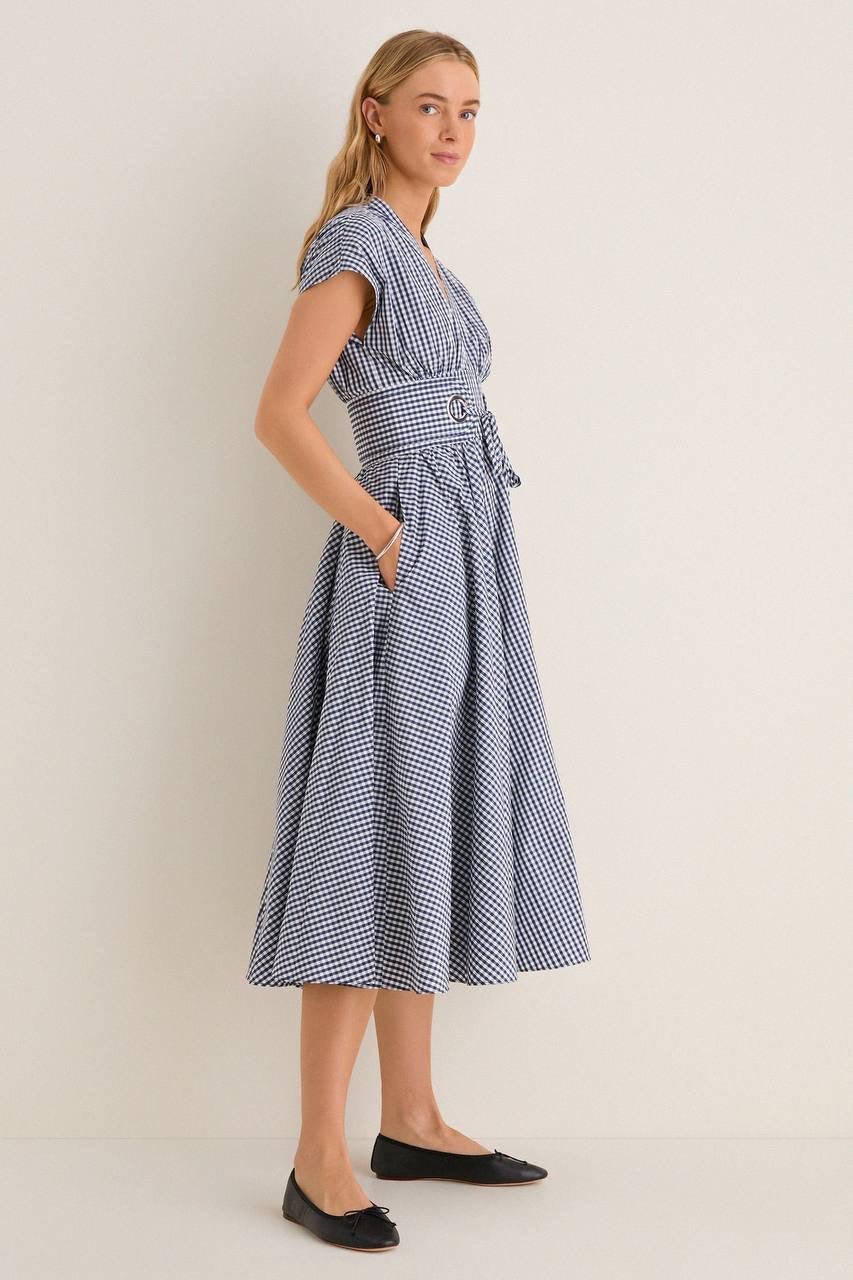 2 Colors! ALX Riviera Cotton-Viscose Midi Dress in White & Navy Gingham Blue