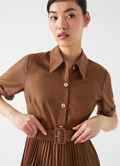 LKB Cally Pleated Cotton-Blend Shirtdress Midi Dress