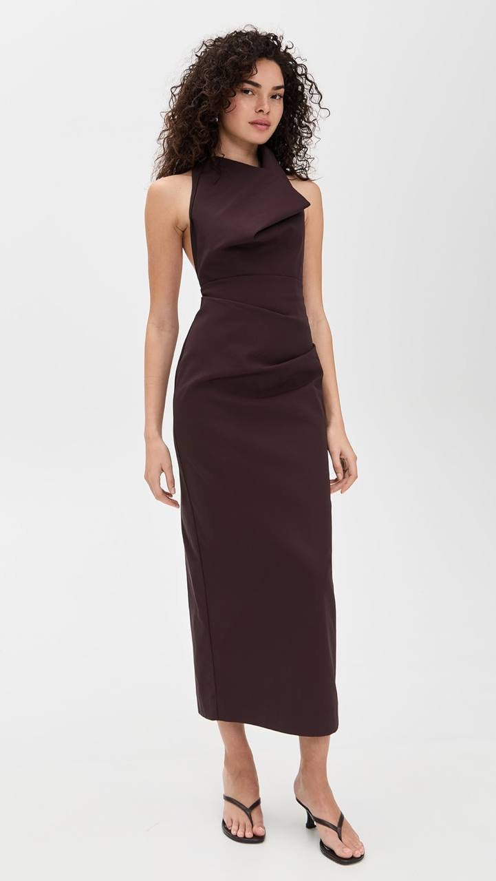 SA Structural Tie Halter Twill Midi Dress