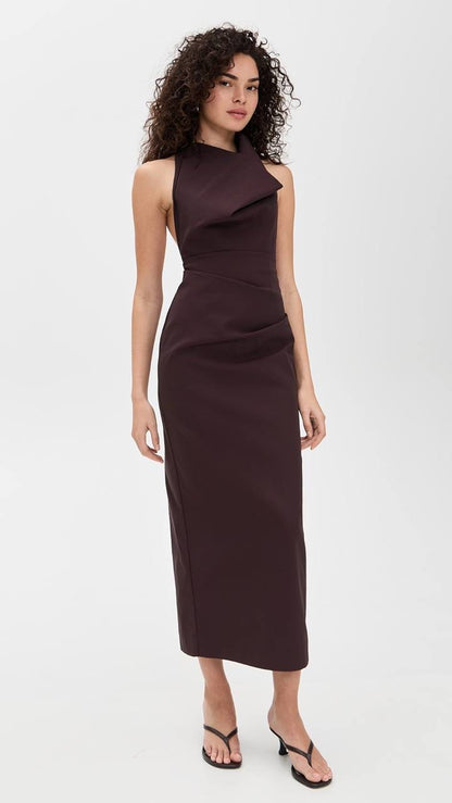 SA Structural Tie Halter Twill Midi Dress