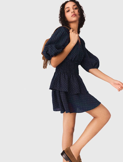 MJ Ruffle And Rhinestone Mini Dress in Navy Blue