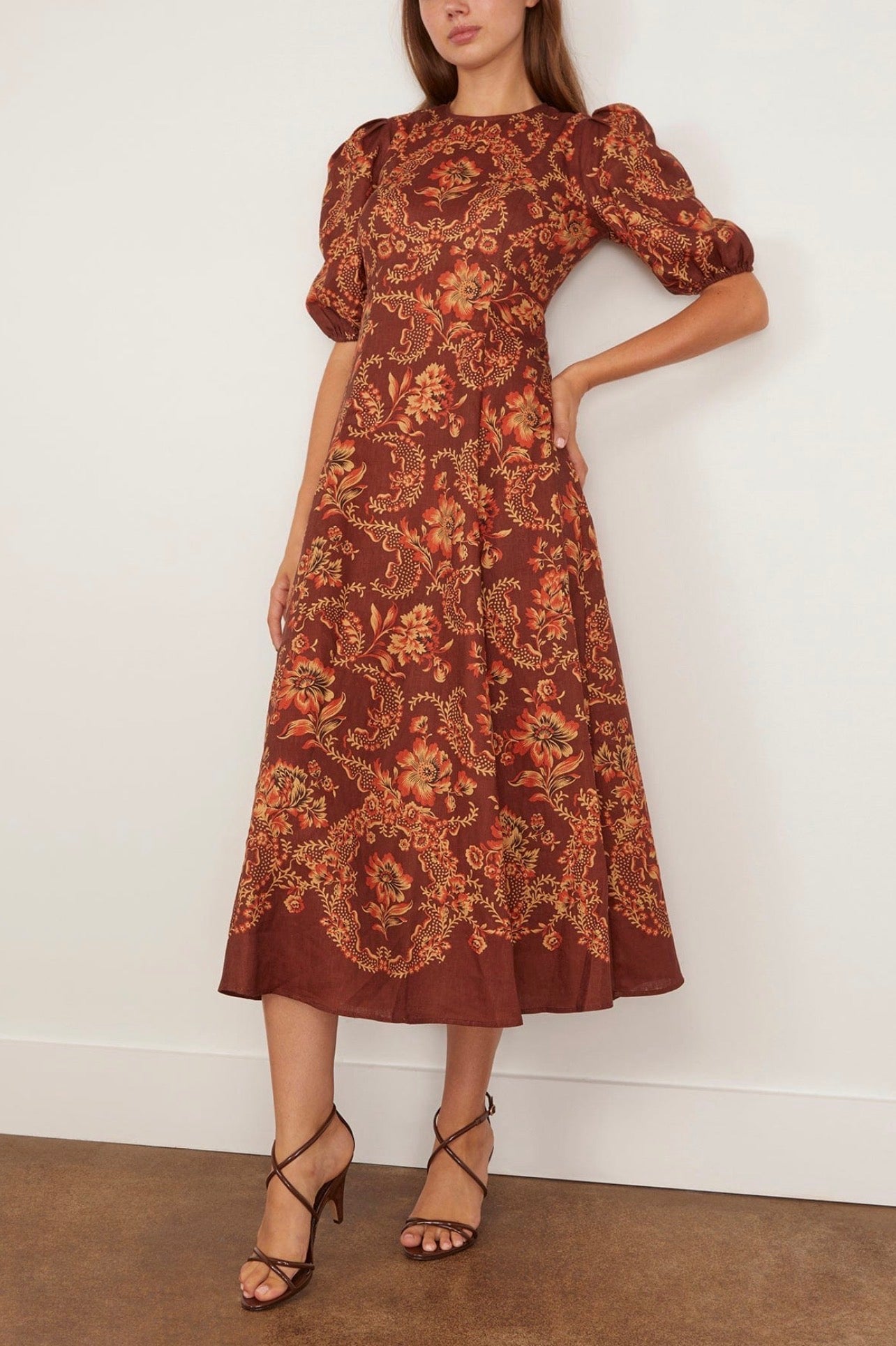 ALM Seraphina Printed Puff Sleeve Linen Midi Dress