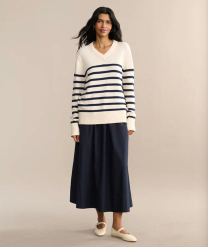 JK Cotton Kate V-Neck Pullover Sweater in Ivory/Navy Stripe