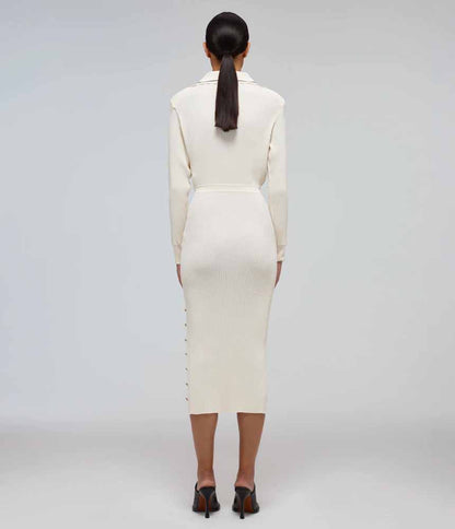 SP Contrast Stitch Ribbed Knit Midi Dress in Ivory White