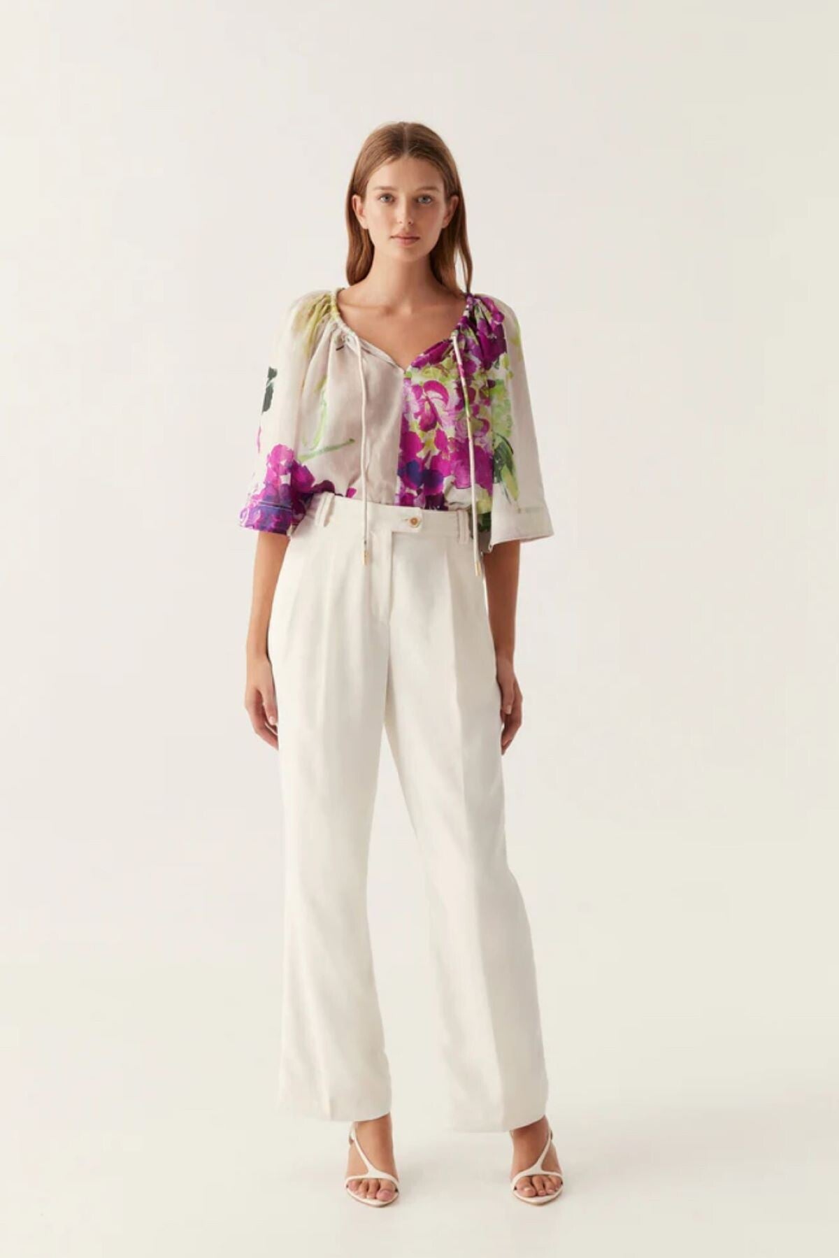 AJ Bridget Bell Sleeve Blouse in Wild Hydrangea Linen-Blend