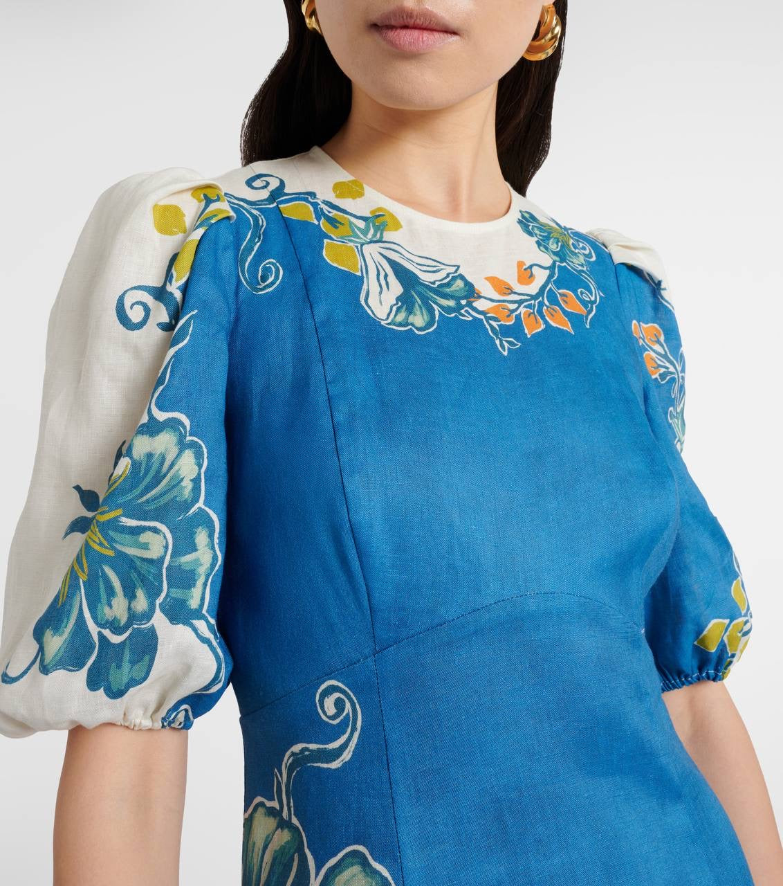 ALM Luda Floral Puff Sleeve Linen Midi Dress