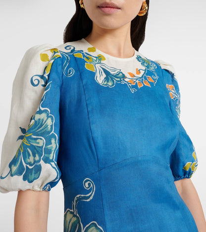 ALM Luda Floral Puff Sleeve Linen Midi Dress