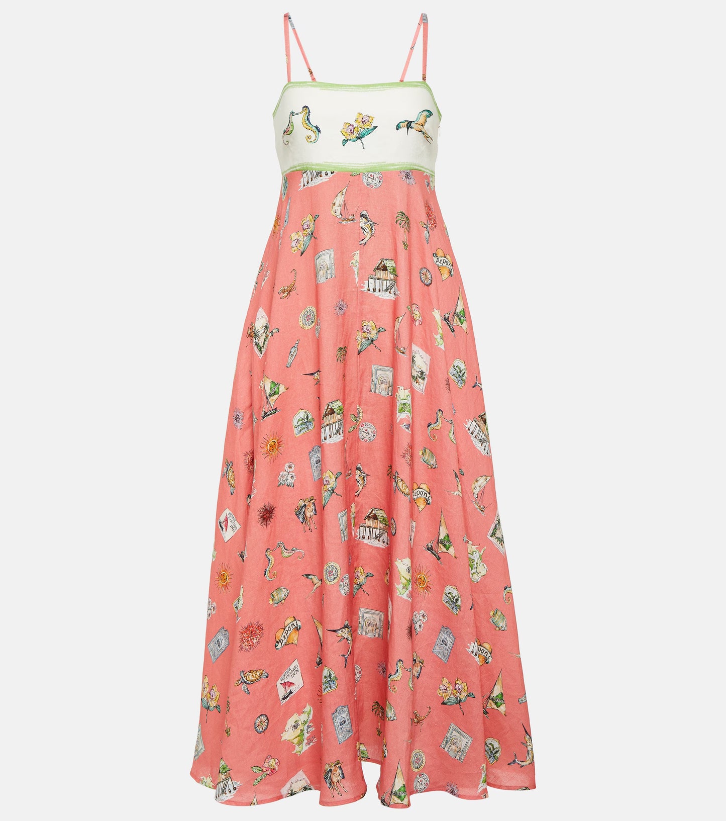 ALM Coral Pink Sea Printed Linen Sundress Midi Dress