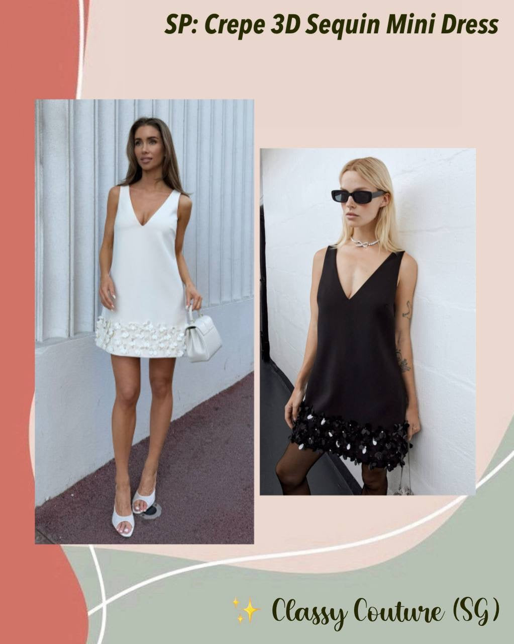 SP Black & Cream Crepe 3D Sequin Mini Dress