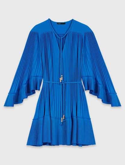 MJ Pleated Braided Drawstring Bell-sleeve Mini Dress