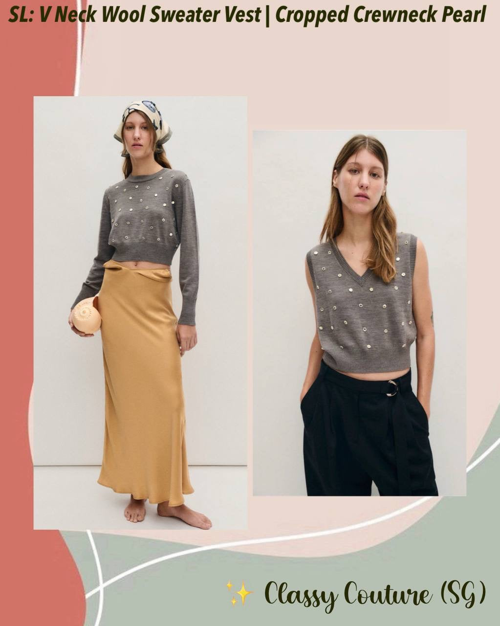 SL V Neck Wool Sweater Vest | Cropped Crewneck Pearl