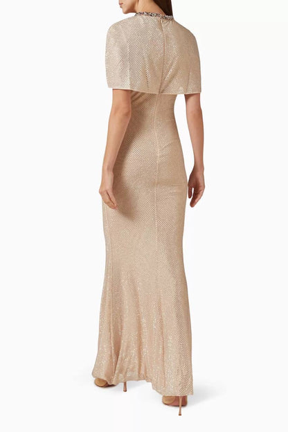 SP Green & Champagne Rhinestone-embellished Draped Sleeve Maxi Dress