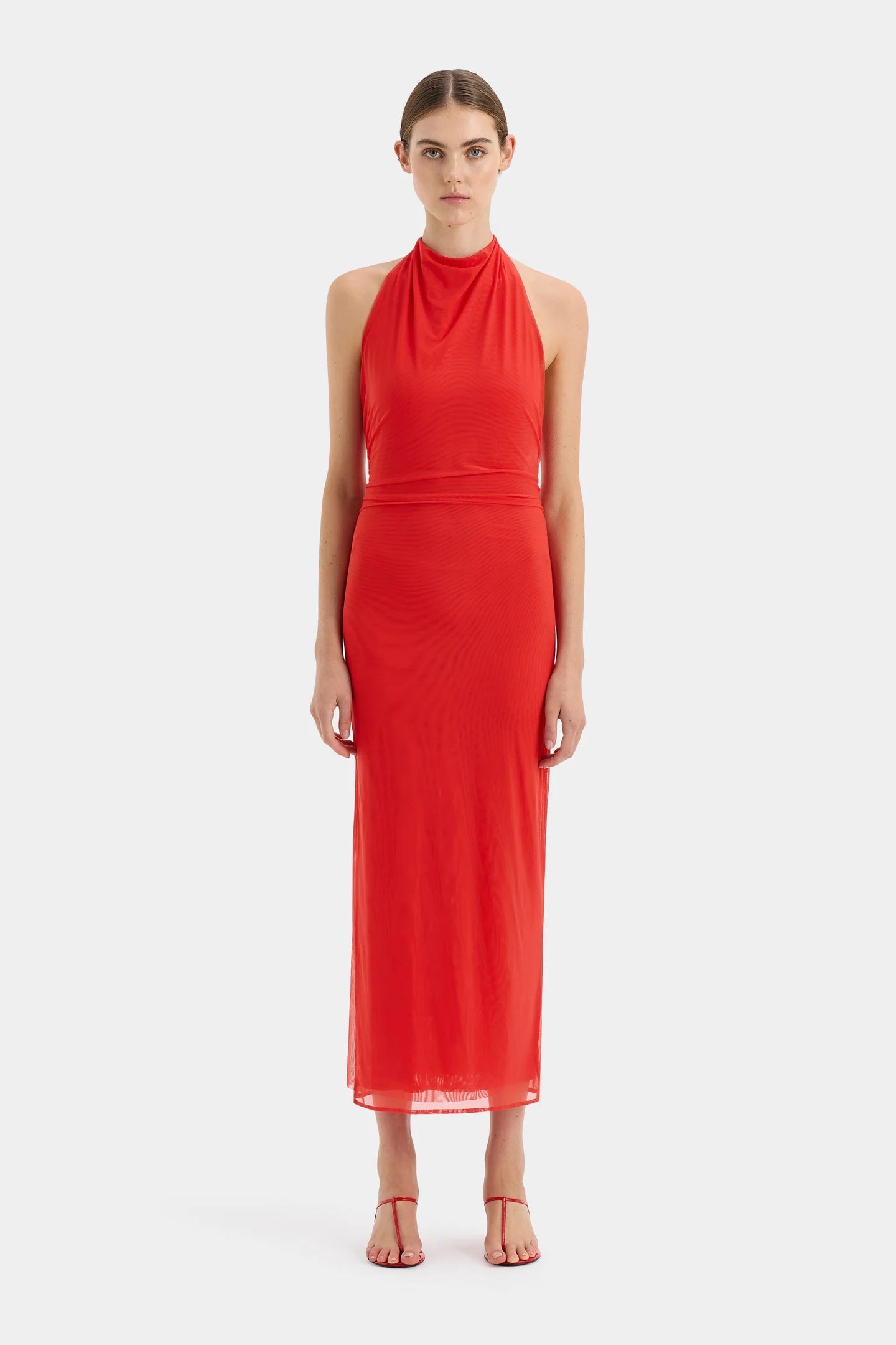 STL Jacques Mesh Halter Midi Dress in Pomelo Red