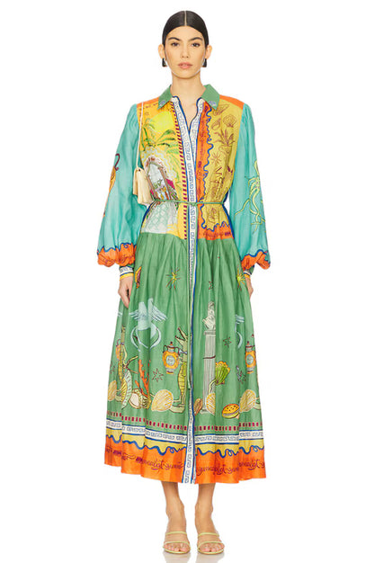 ALM Surrealist Summer Ramie Midi Dress Shirtdress