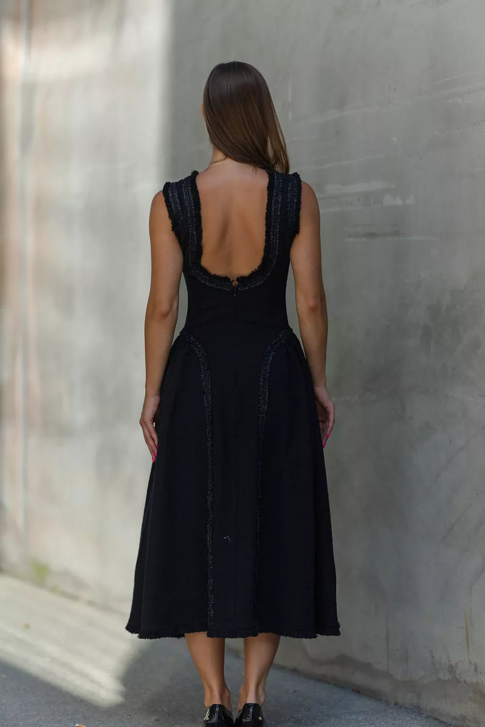 SP Black Boucle Sleeveless Open Back Midi Dress