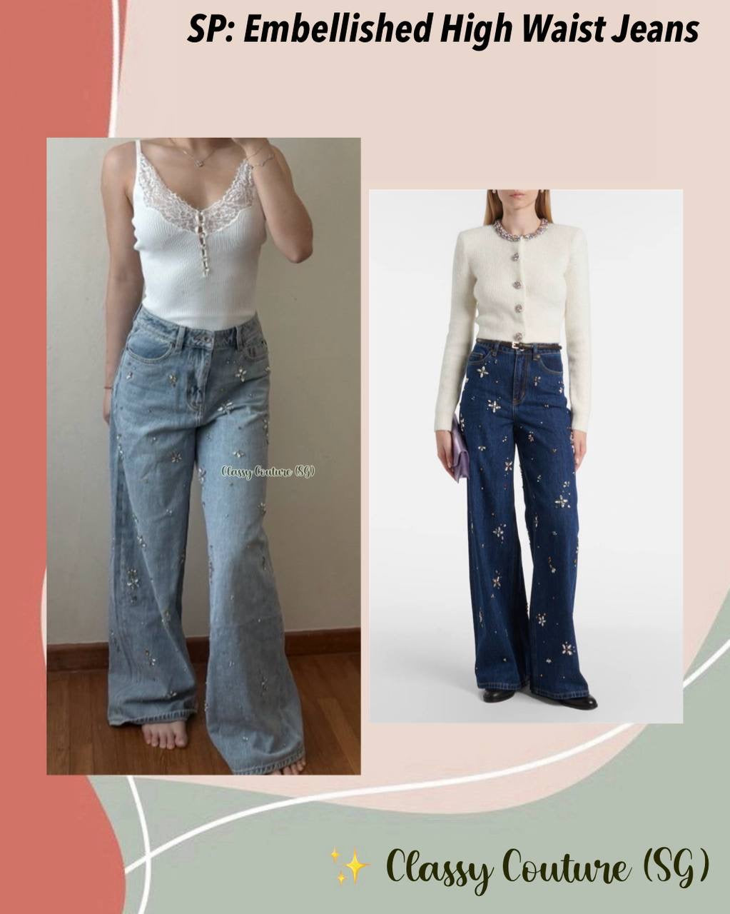 SP Embellished High Waist Wide Leg Jeans in Light Blue Wash | Dark Blue Wash