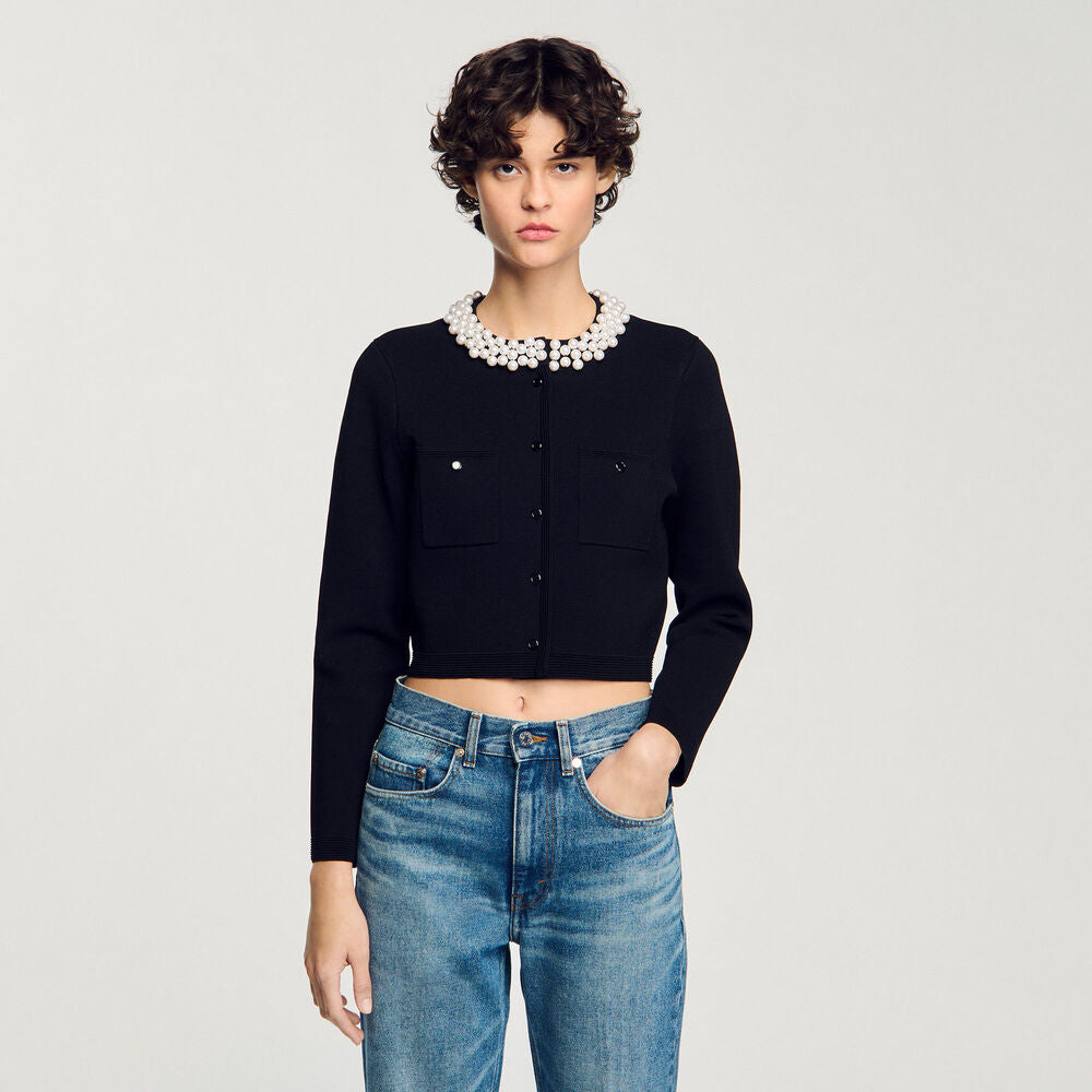 SD Cardigan with Pearl Beaded Collar | Short Knit Mini Skirt | Set