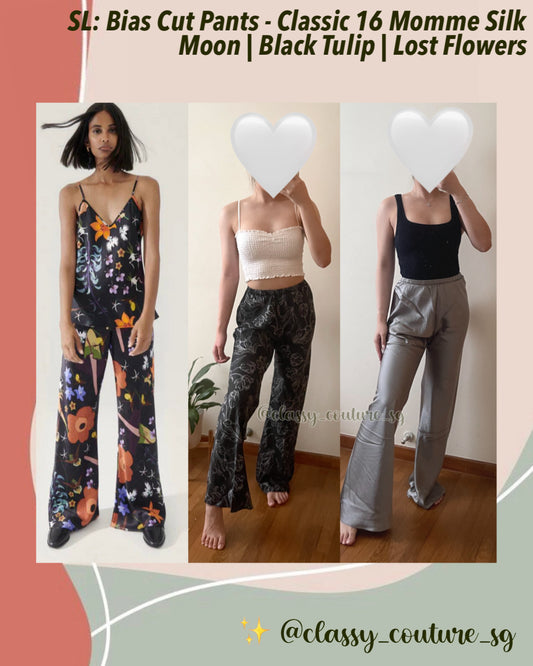 SL Bias Cut Pants in Moon | Black Tulip | Lost Flowers - Classic 16 Momme Silk