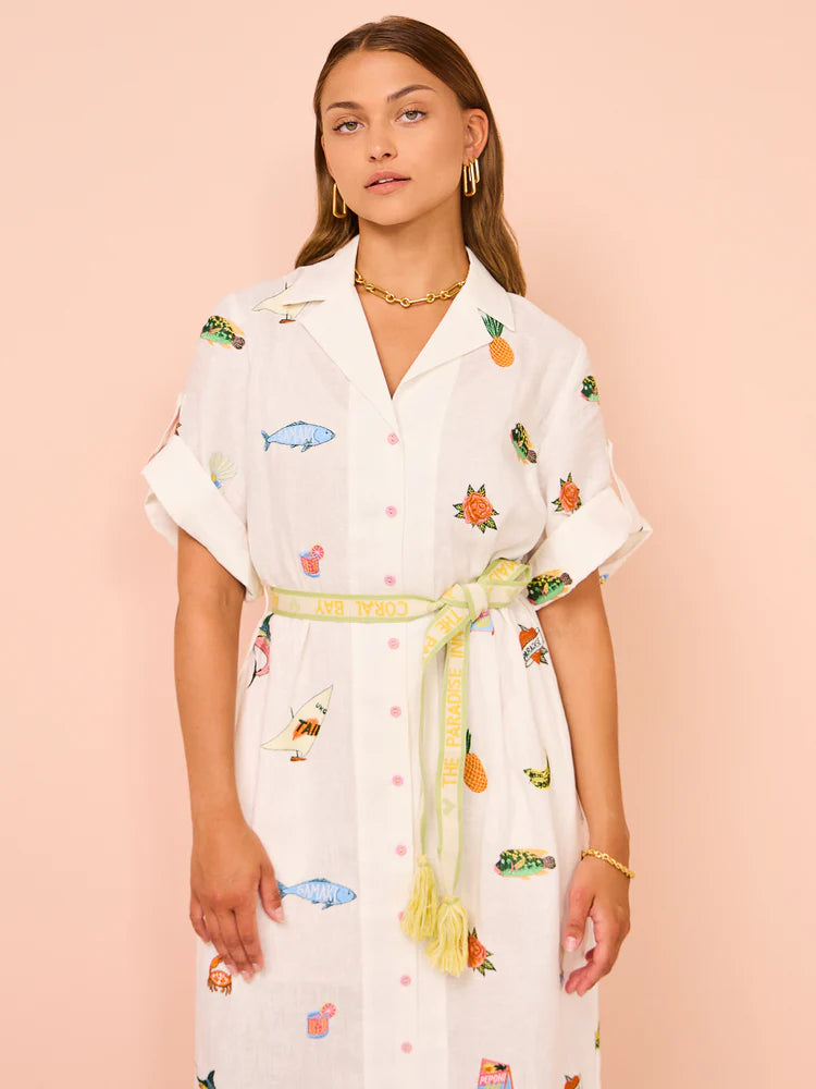 ALM Blue Marlin Embroidered Linen Midi Dress