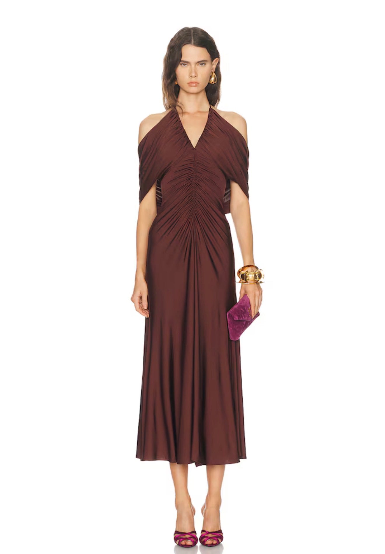 SP Brown Jersey Halter Off-Shoulder Drape Viscose-Blend Midi Dress