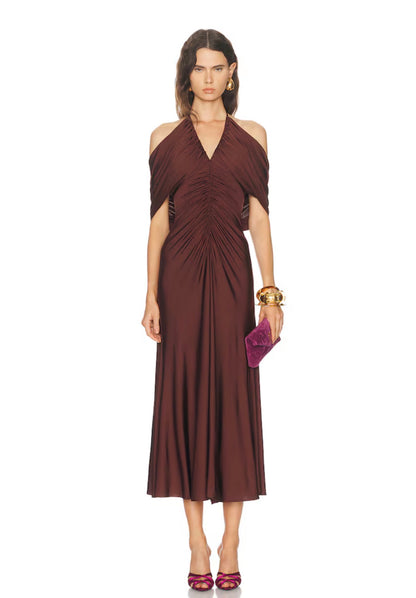 SP Brown Jersey Halter Off-Shoulder Drape Viscose-Blend Midi Dress