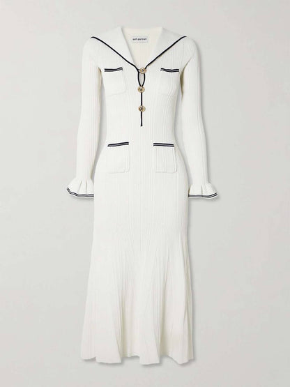 SP White Viscose Rib Knit Collar Long Sleeve Midi Dress