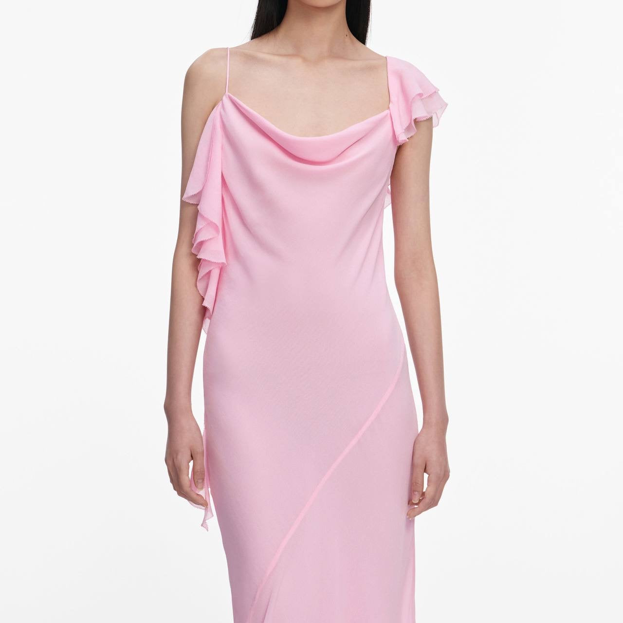SP Pink Georgette Ruffled One-Shoulder Maxi Dress