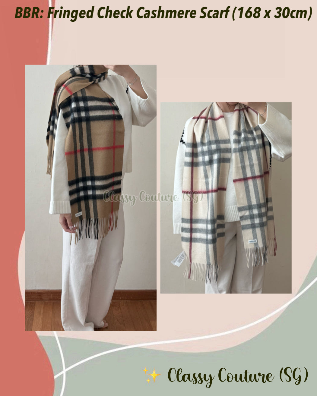 2 Sizes! BBR Fringed Check Cashmere Scarf
