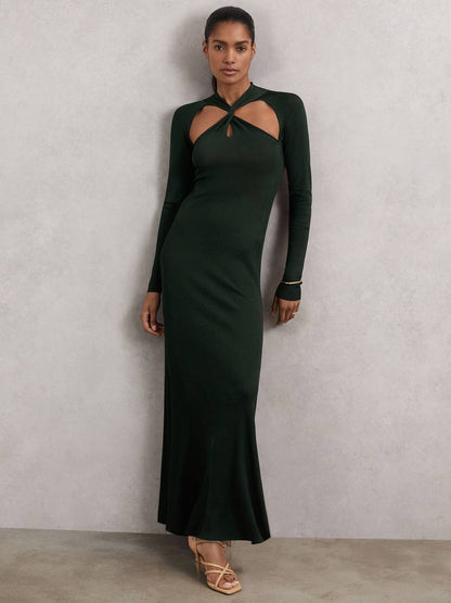 RS Cut-Out Knitted Maxi Dress in Dark Green