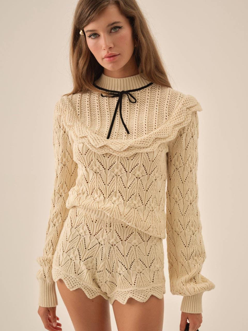 FLL Lelia Yoke Long Sleeve Top | Shorts | Cream Cotton Knit Set