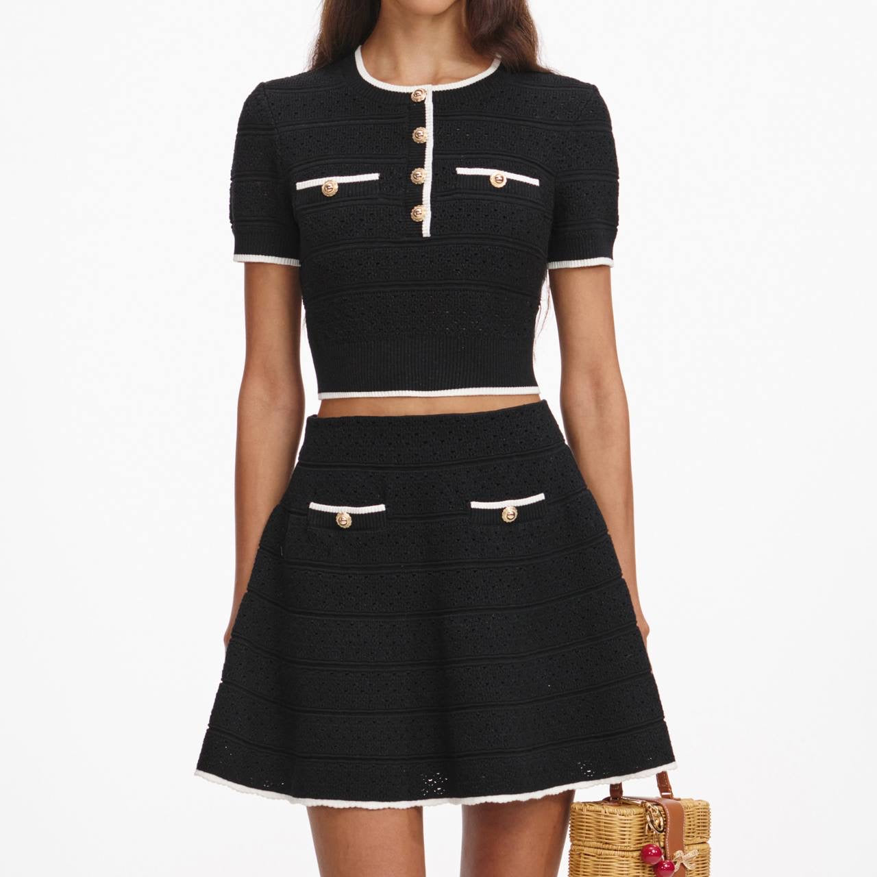 SP Black Pointelle Knit Crop Top | Mini Skirt | Set