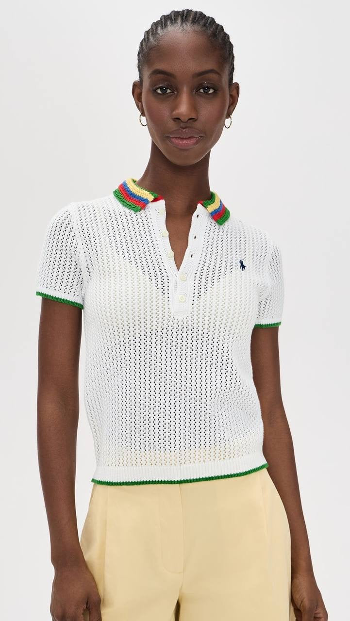 RL Pointelle Stripe Cotton-blend Polo Shirt Top with Rainbow Collar