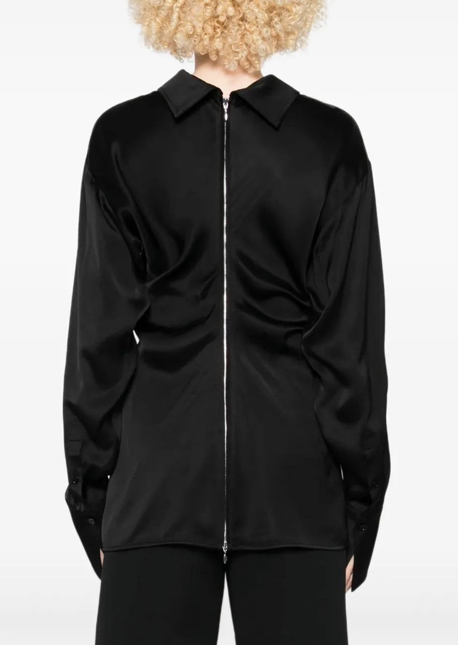 TOT Slouch Zip-Front Drape Satin Blouse Top