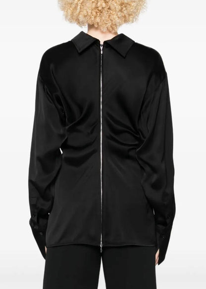 TOT Slouch Zip-Front Drape Satin Blouse Top