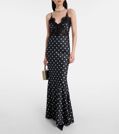 SP Polka Dot Satin Lace Strappy Maxi Dress