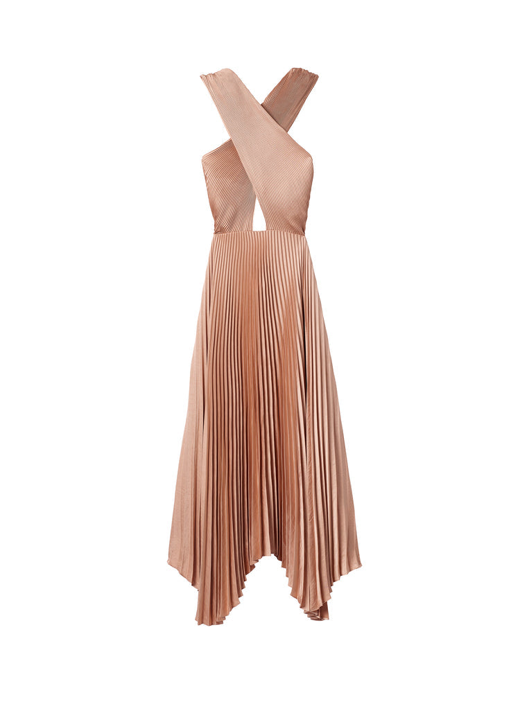 ALC Athena II Satin Pleated Halter Midi Dress in Bella Bronze Pink