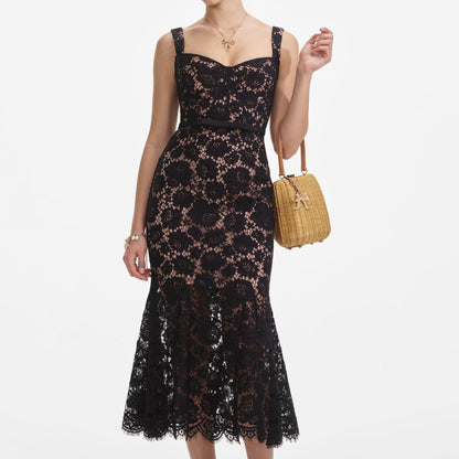 SP Black Fine Lace Bustier Flared Midi Dress