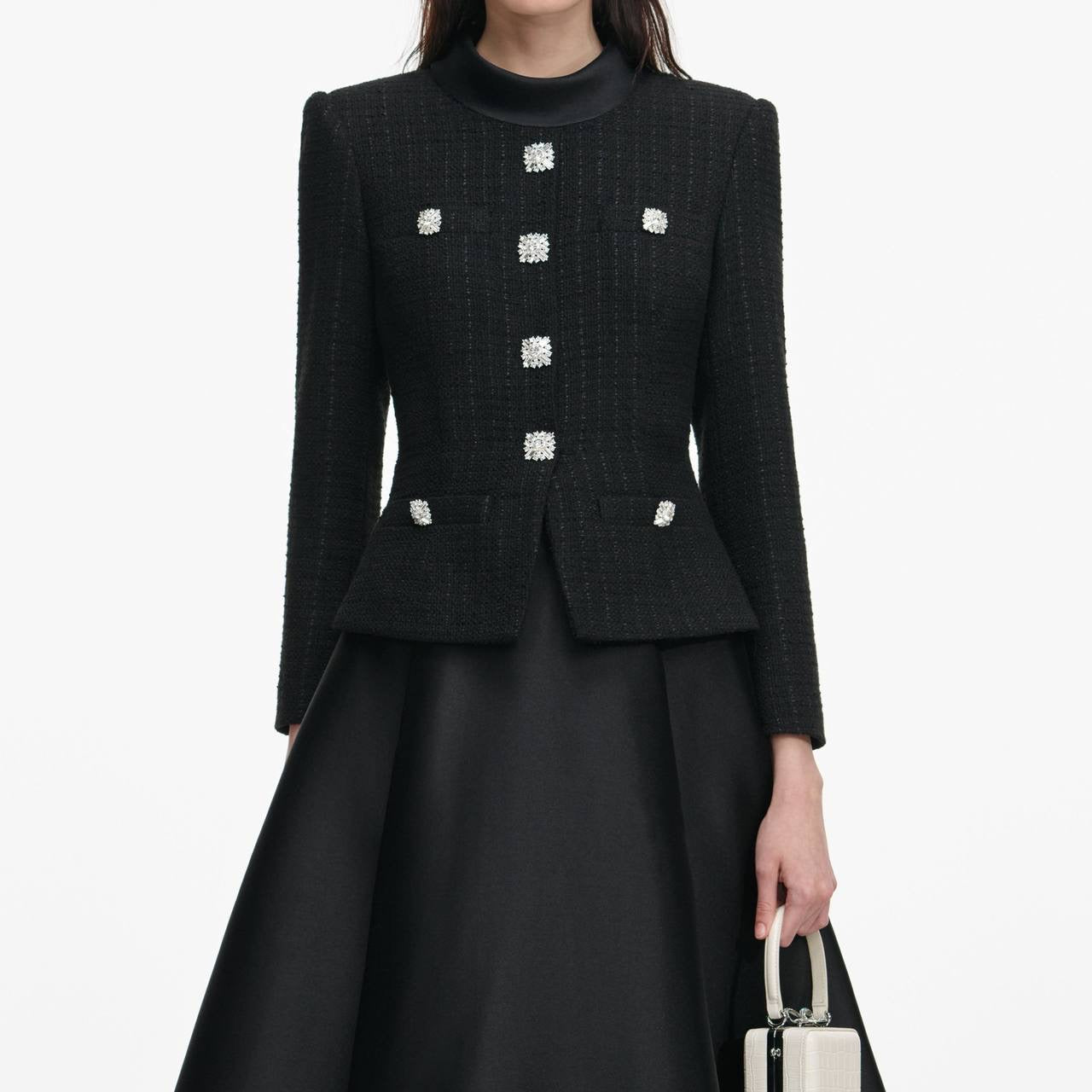 SP Black Boucle Taffeta Long Sleeved Midi Dress