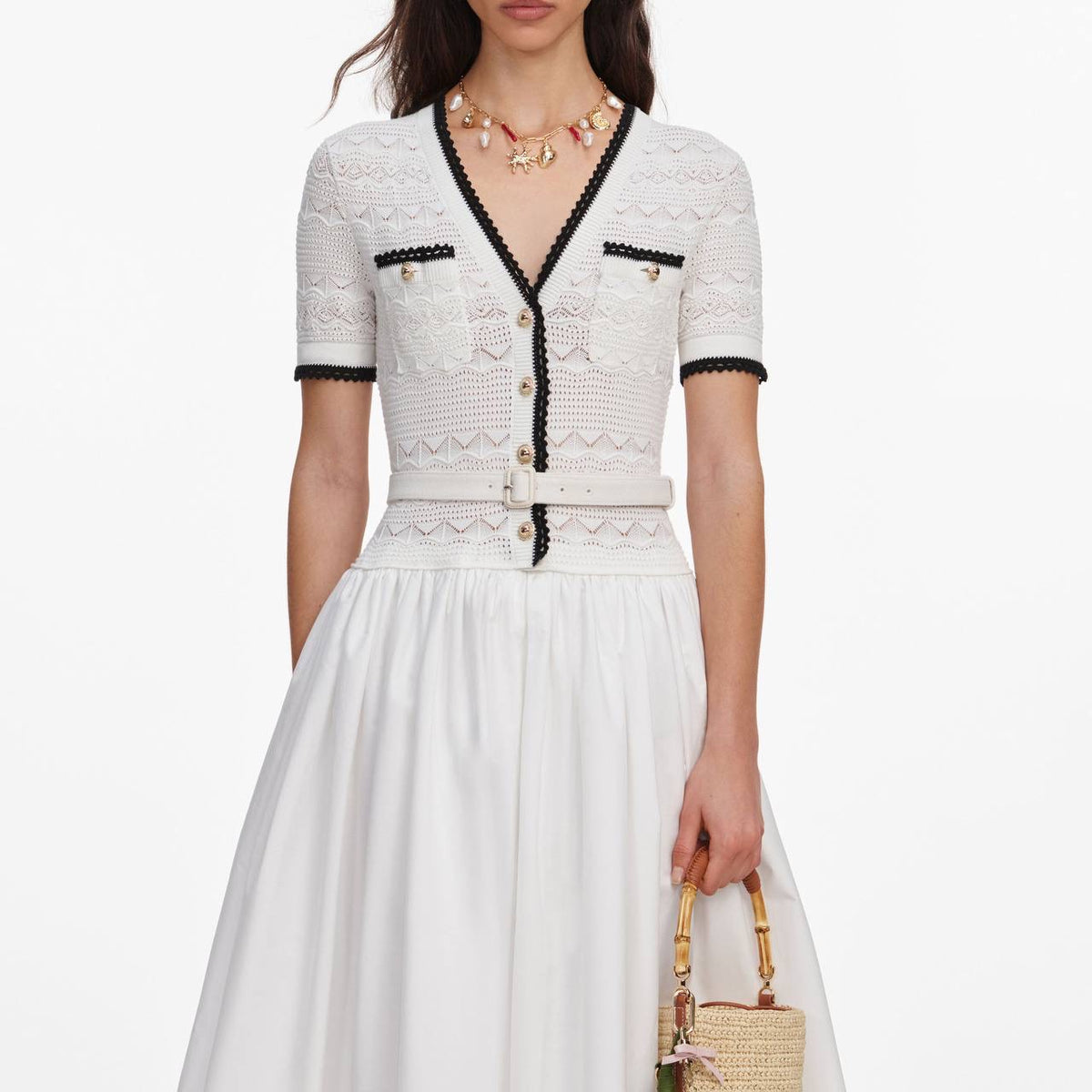 White Cotton-blend Pointelle Knit Drop-waist Midi Dress
